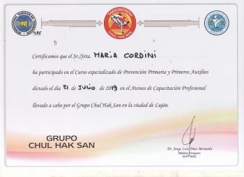 Certificado de asistencia de Curso de Prevención Primaria y Primeros Auxilios 2019 María Cordini (Asistente Sr)
